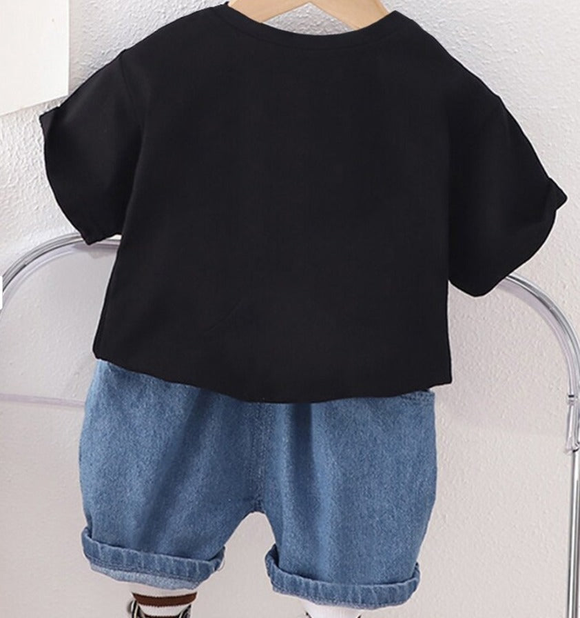 Boy's Cotton Half Sleeves Printed T-Shirt with Shorts Set in Black (HaveNiceBlack)