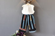Girl's White & Blue Bow Top & Striped Palazzo Set