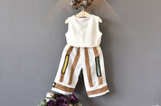 Girl's White Bow Top & Striped Palazzo Set