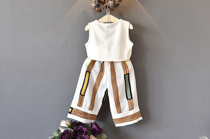 White Sleeveless Top with Bow Applique and Striped Pallazo