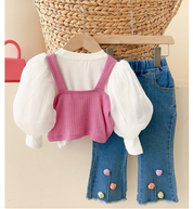 Girl's Pink Puff-Sleeve Top & Denim Pants Set