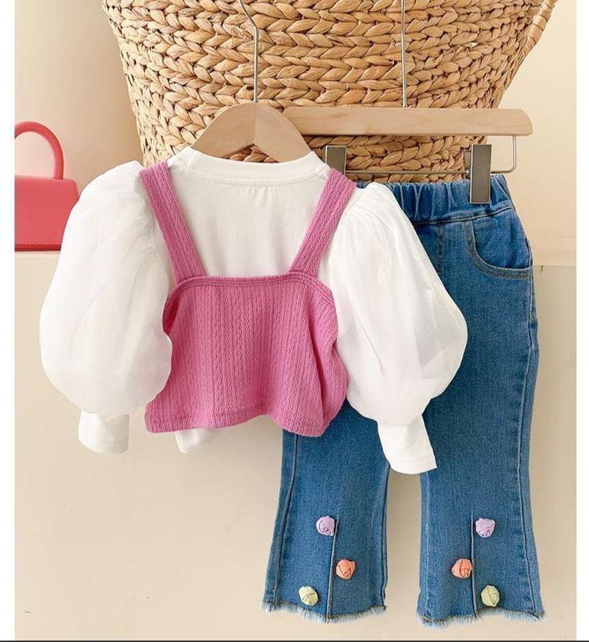Girl's Pink Puff-Sleeve Top & Denim Pants Set