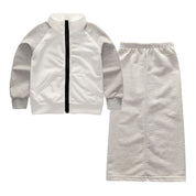 Girl's White & Grey Text Jacket & Skirt Set