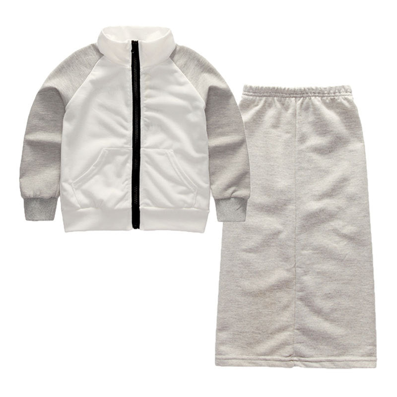 Girl's White & Grey Text Jacket & Skirt Set