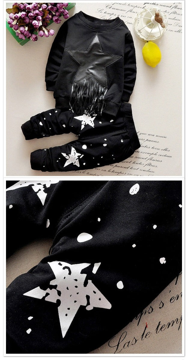 Elegant Black Star Applique Full Sleeves Sweatshirt With Pant Set