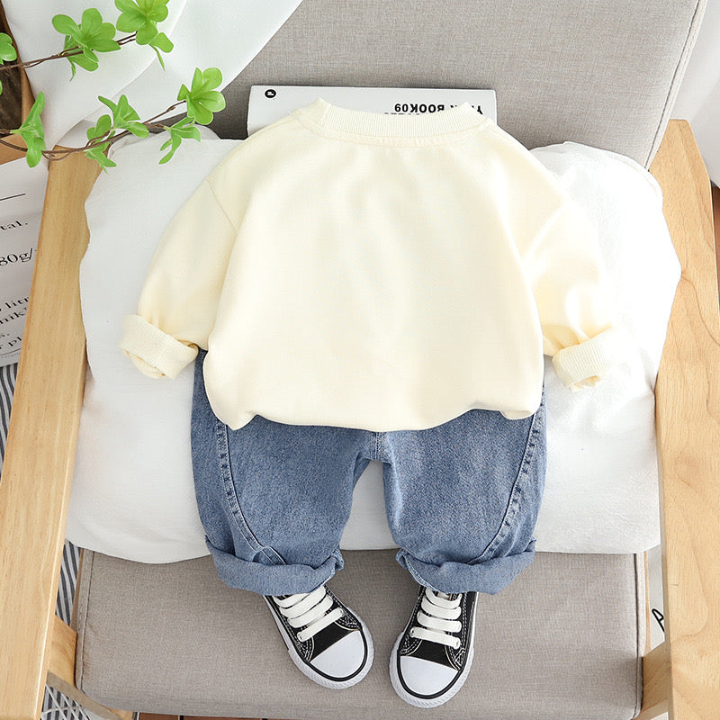 Boys Cotton Knit Full Sleeves All Over Printed Printed Sweatshirt With Pant Pack of 2 - Brown & Cream