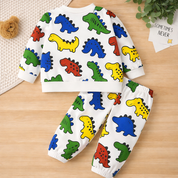 Boy's Light Winter Cotton Dino AOP Printed Sweatshirt With Jogger Set - White