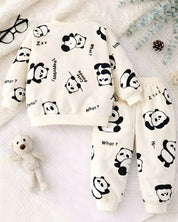 Boy's Cotton Winter Full Sleeves Panda Printed Sweatshirt & Jogger Pant Set - Cream