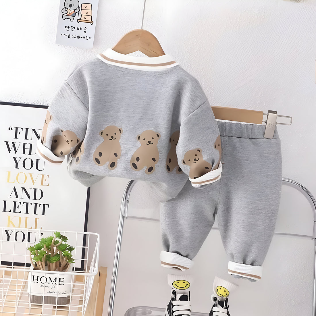 Boy's Cotton Full Sleeves Teddy Printed Sweatshirt and Pant Set in Grey (MultiTeddy)