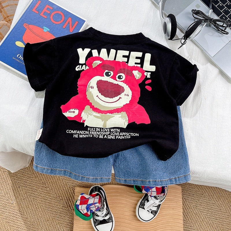 Boy's Cotton  Printed T-Shirt with Shorts Set in Black (BlackYWeel)