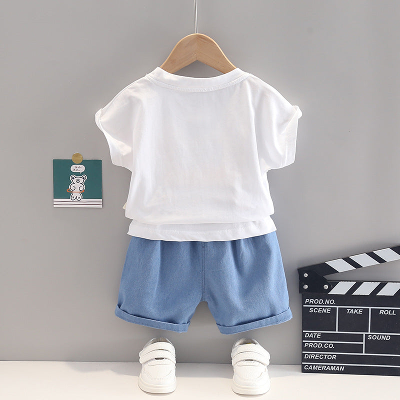 Boy's Cotton Half Sleeves Printed T-Shirt with Shorts Set in White (SandDigger)