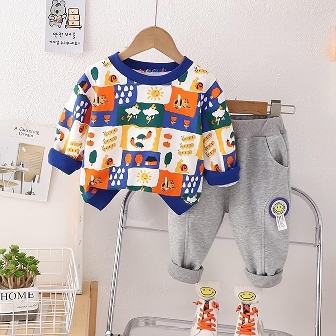 Boy's Cotton Rainbow Printed Sweatshirt With Joggers Set - Red & Blue