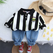 Boy's Cotton Stripes & Dino Printed Sweatshirt With Joggers Set - Black & Cream