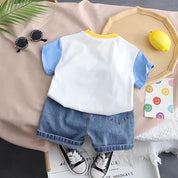 Boy's White Print T-Shirt & Denim Shorts Set