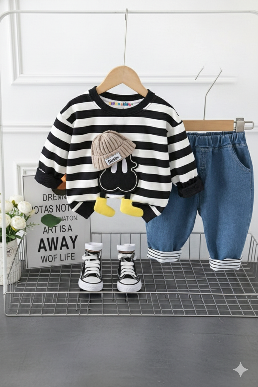 Boy's Cotton Teddy Printed Sweatshirt With Joggers Set - Black