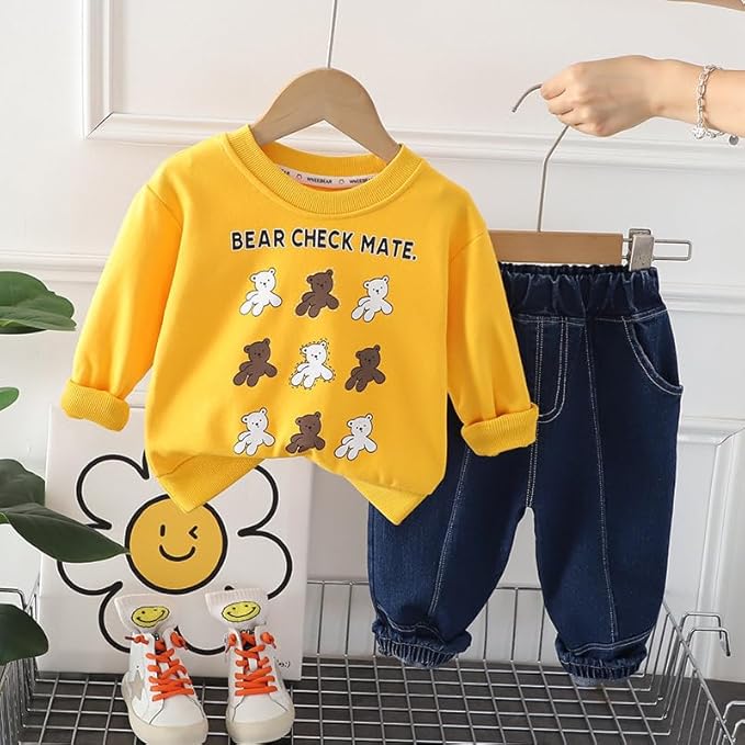 Boy's Yellow Bear Print Sweatshirt & Pants Set