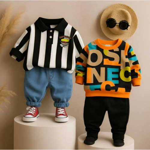 Boys Cotton Winter Wear Pack of 2 Outfits - Black Day food & Orange Letter