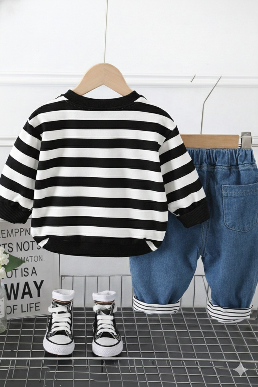 Boy's Cotton Loop Knit Winter Full Sleeves Teddy Embroidered Sweatshirt & Denim Pant Set - Black