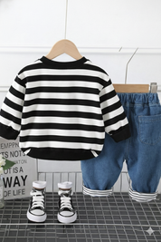 Boy's Cotton Loop Knit Winter Full Sleeves Teddy Embroidered Sweatshirt & Denim Pant Set - Black