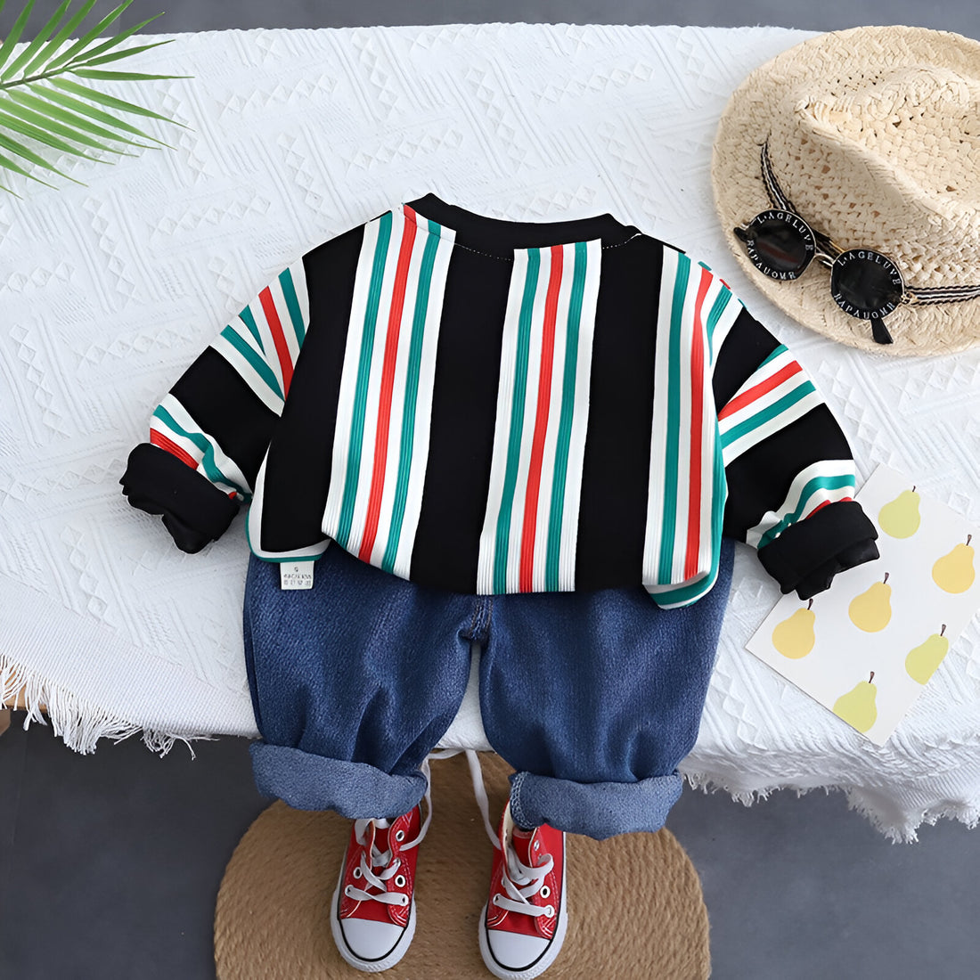 Boy's Cotton Full Sleeves Sweatshirt and Pant Set in Black (TripleColourStrips)