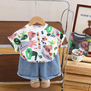 Boy's White Print T-Shirt & Denim Shorts Set