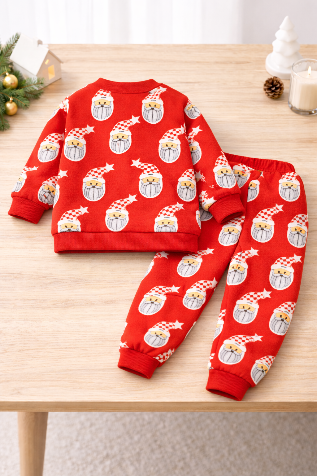 Boy's Cotton Fleece Winter Full Sleeves All Over Sant Printed Sweatshirt & Joggers Set - Red