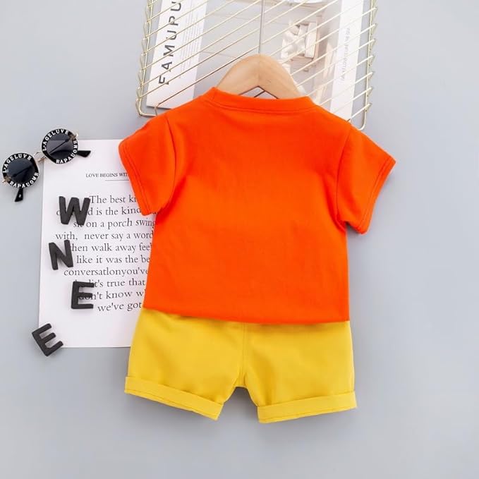 Boys Cotton Half Sleeves Tee & Shorts Set Pack of 2  - Orange Yellow & Happy Animal