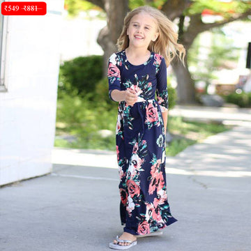 Girls PolyCotton Long Dress in Blue Color