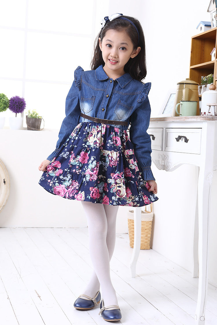 Girl's Blue Floral Full-Sleeve Dress