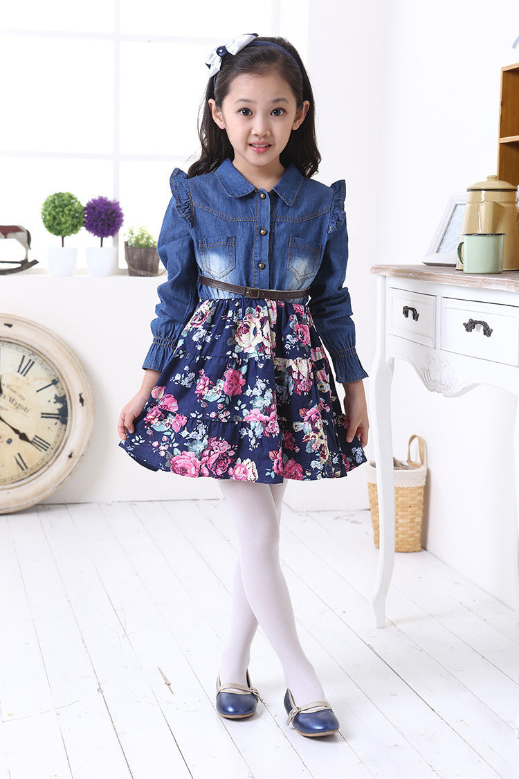 Girl's Blue Floral Full-Sleeve Dress