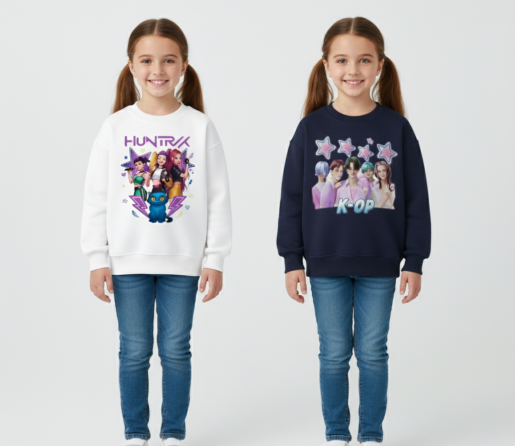 Girl's Cotton Full Sleeves Printed Sweatshirt Set Pack of 2 - White & Navy
