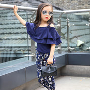 Girl's Blue Off-Shoulder Top & Leggings Set