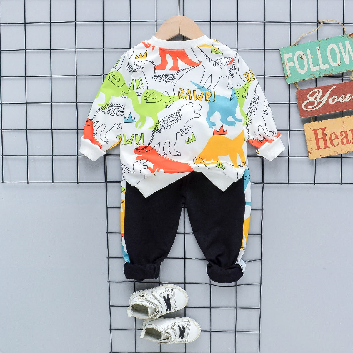 Boy's White Dino Print T-Shirt & Shorts Set