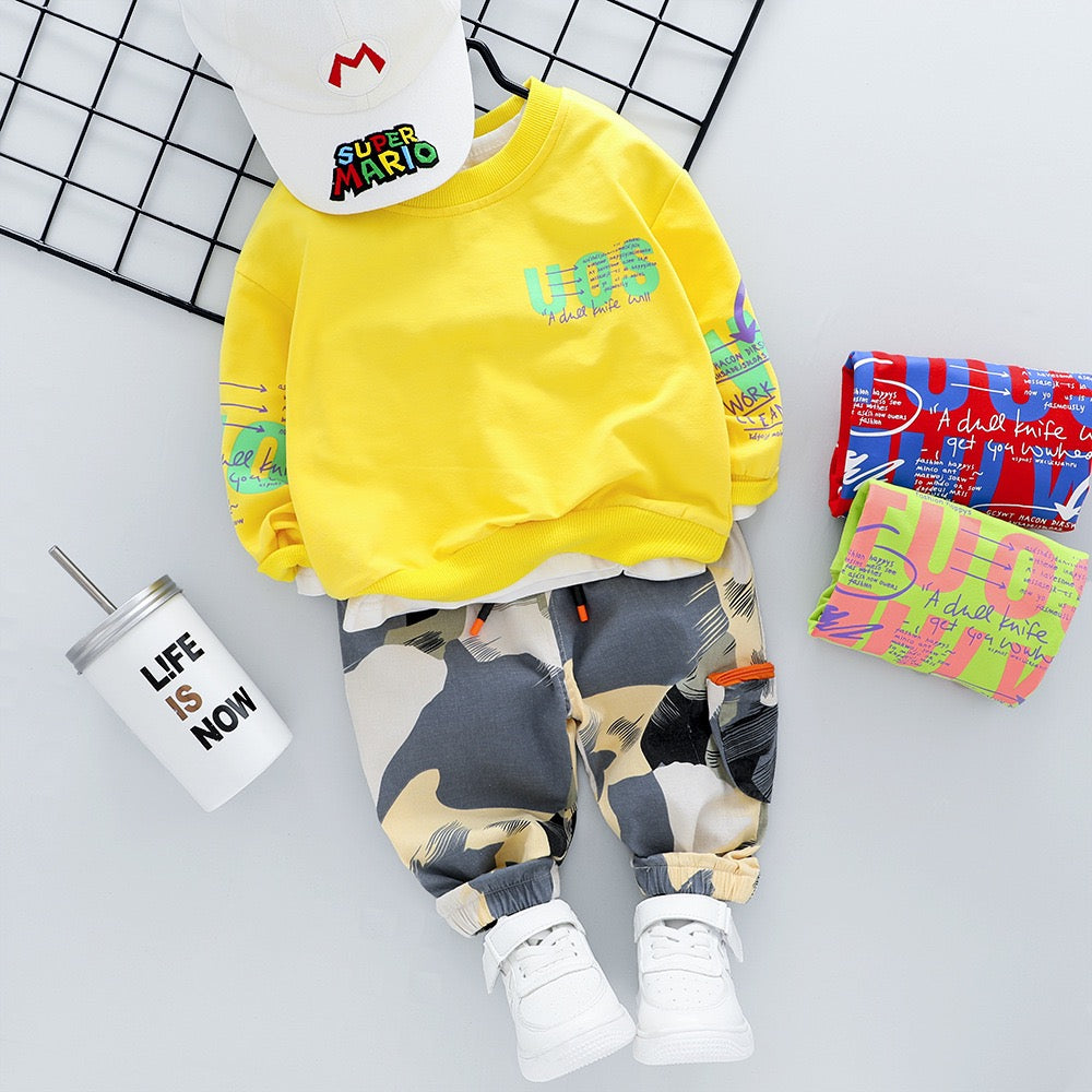 Googogaaga Boy's Cotton Full Sleeves Sweatshirt with Pant set in Yellow Color