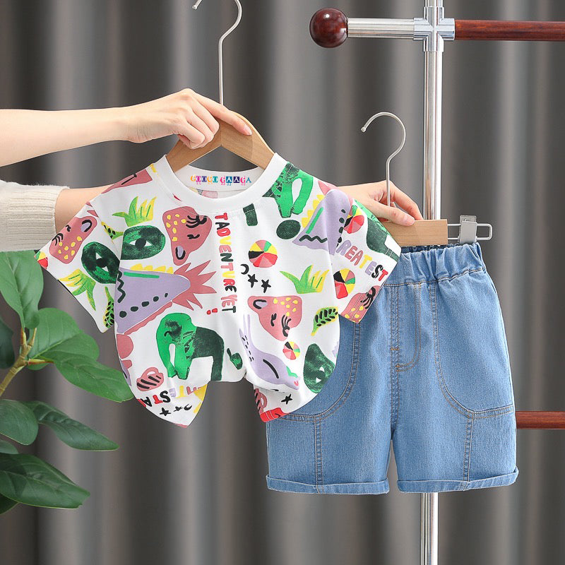 Boy's White Print T-Shirt & Denim Shorts Set