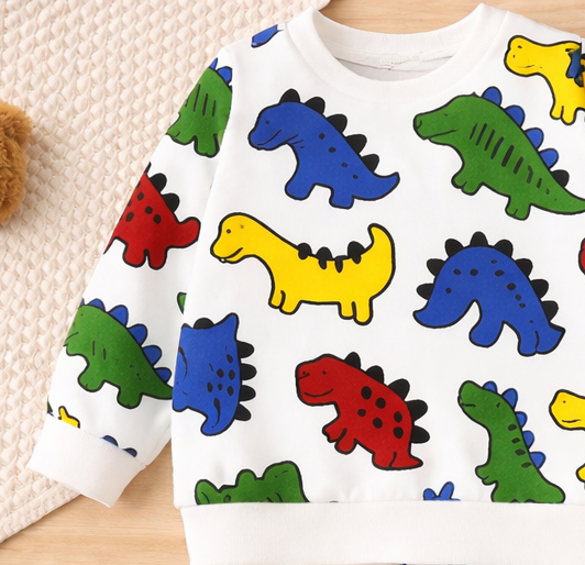 Boy's Light Winter Cotton Dino AOP Printed Sweatshirt With Jogger Set - White