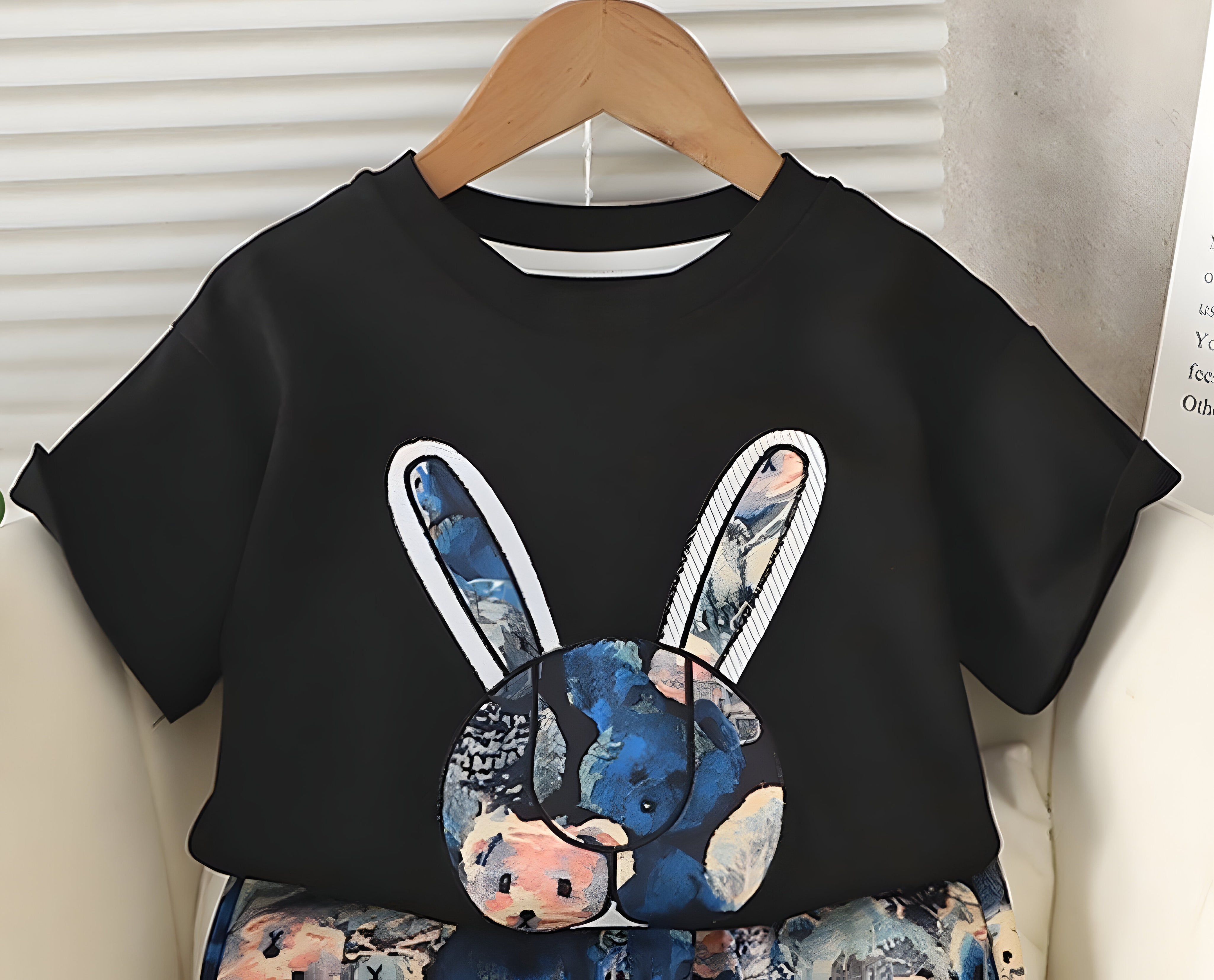 Boy's Cotton Bunny Print T-Shirt & Shorts Set - Black