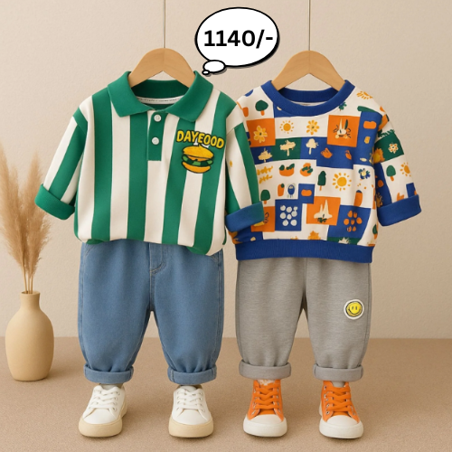 Boys Light Winter Cotton Winter Wear Pack of 2 Outfits - GreenDayfood&Blue AOP