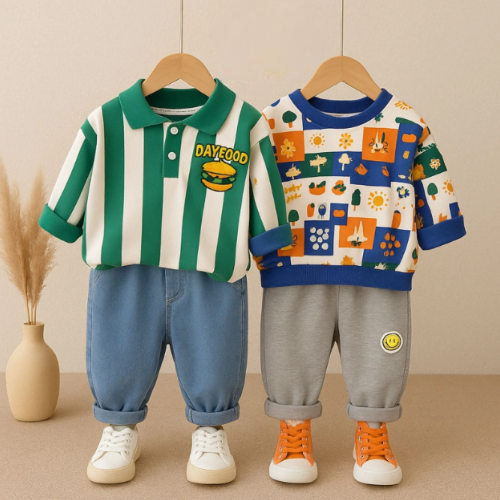 Boys Light Winter Cotton Winter Wear Pack of 2 Outfits - GreenDayfood&Blue AOP