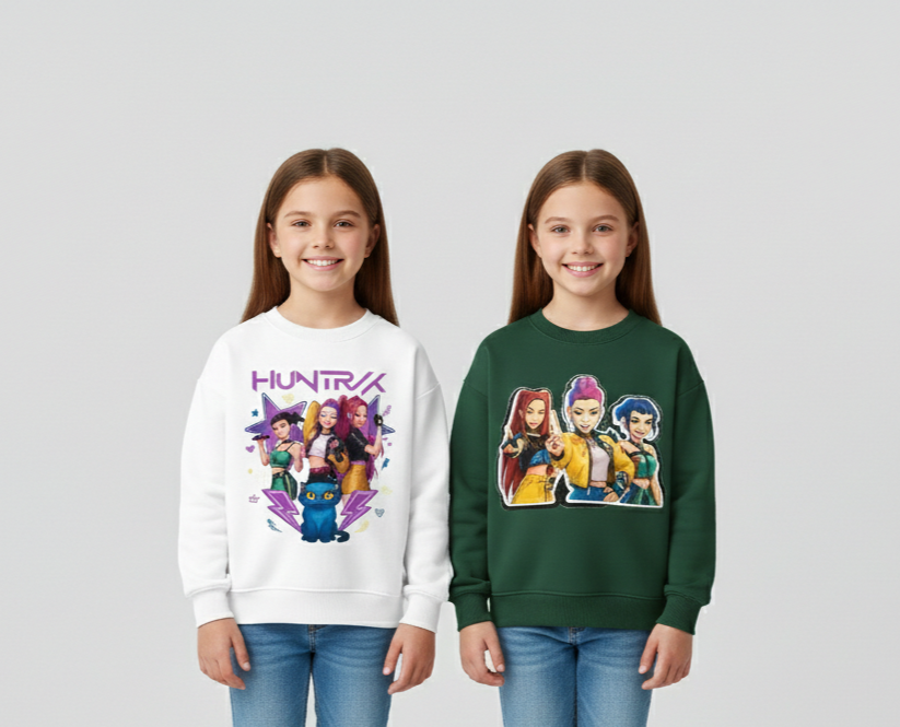 Girl's Cotton Full Sleeves Printed Sweatshirt Set Pack of 2 - White & Green