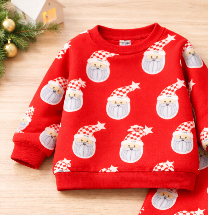 Boy's Cotton Fleece Winter Full Sleeves All Over Sant Printed Sweatshirt & Joggers Set - Red