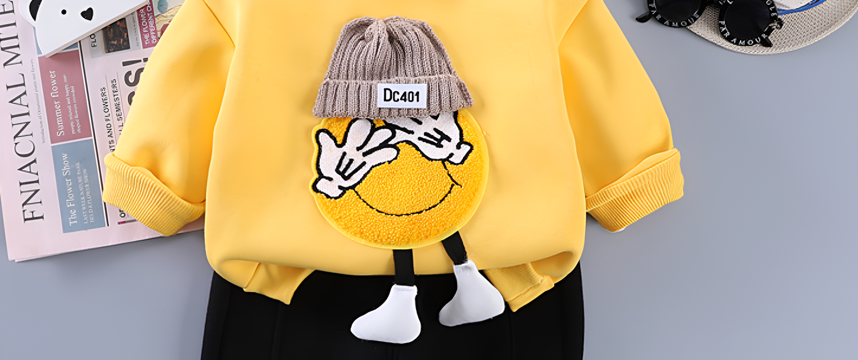 Boy's Yellow Emoji Print Sweatshirt & Pants Set