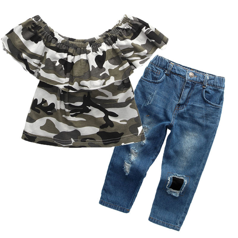 Girl's Off-Shoulder Top & Blue Jeans Set