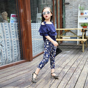Girl's Blue Off-Shoulder Top & Leggings Set