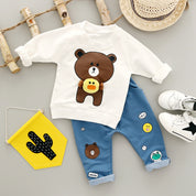 Boy's White Teddy Print Full-Sleeve T-Shirt & Pants Set
