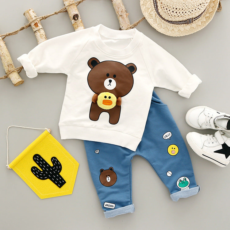 Boy's White Teddy Print Full-Sleeve T-Shirt & Pants Set