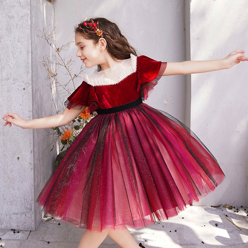 Girl's Wine Red Knee-Length Dress