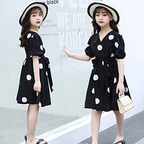 Girl's Black Polka Dot Knee-Length Dress