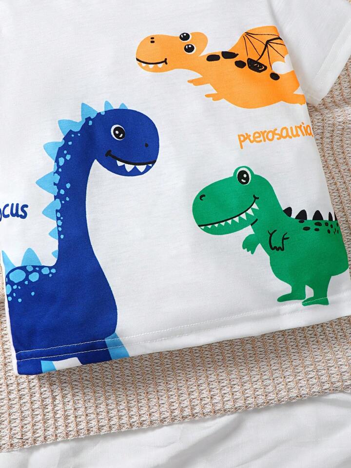 Boy's White Dino Print T-Shirt & Shorts Set