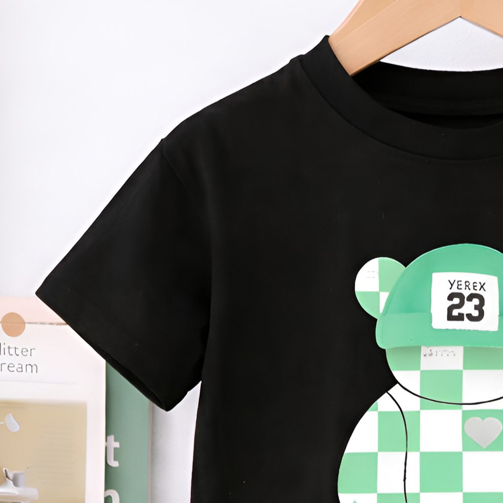 Boy's Bear Print Half-Sleeve T-Shirt - Black